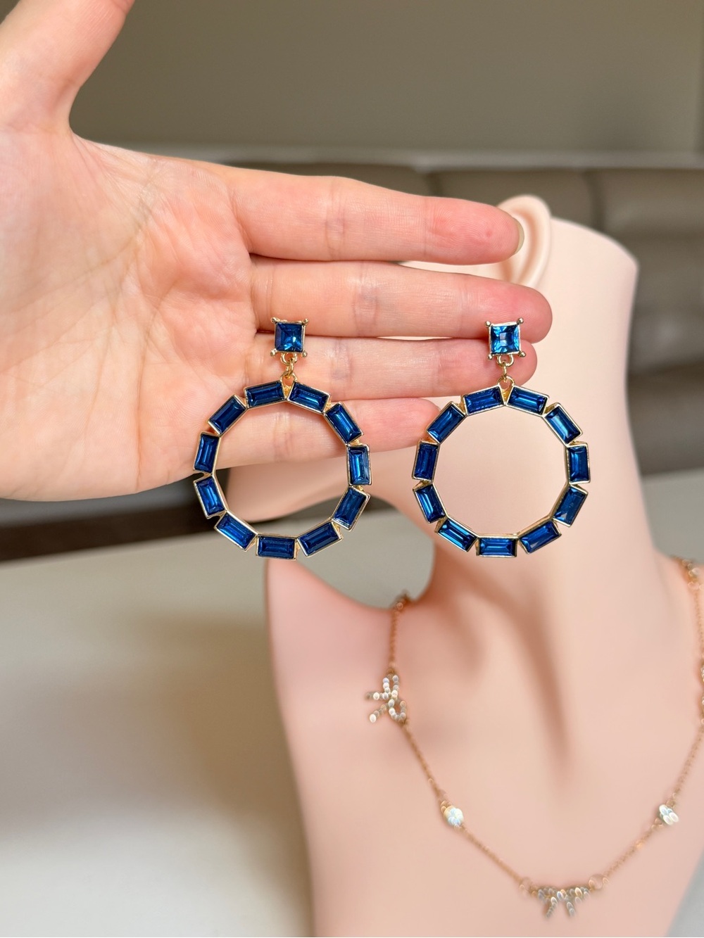 Gold-Tone Hoop Earrings with Blue Gemstones - Picture 12 of 13